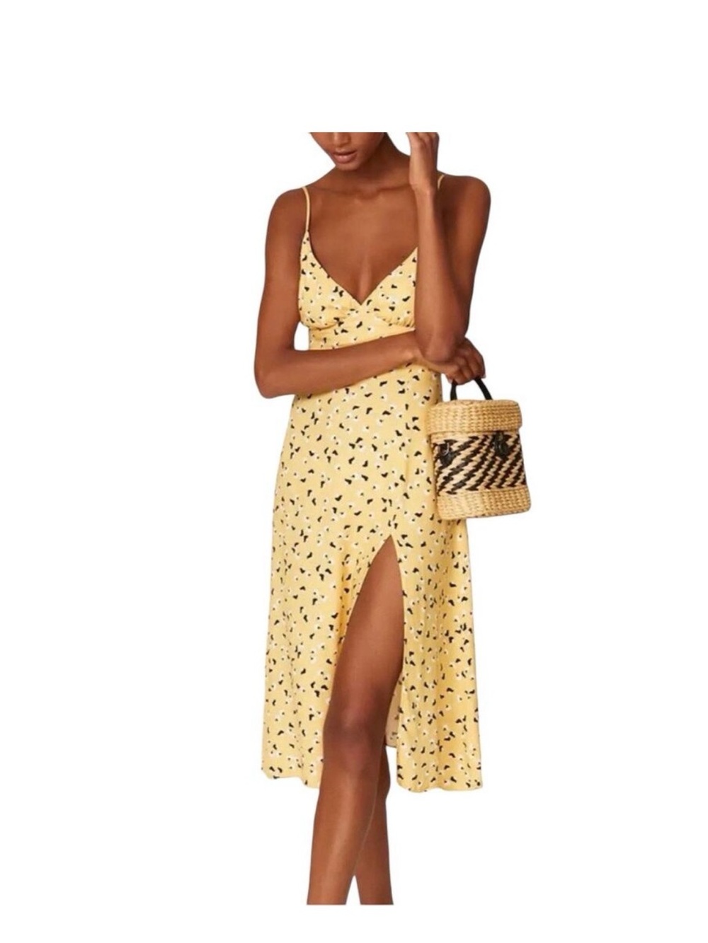 Amanda Uprichard Yellow Floral Spaghetti-Strap Midi Dress with Slit